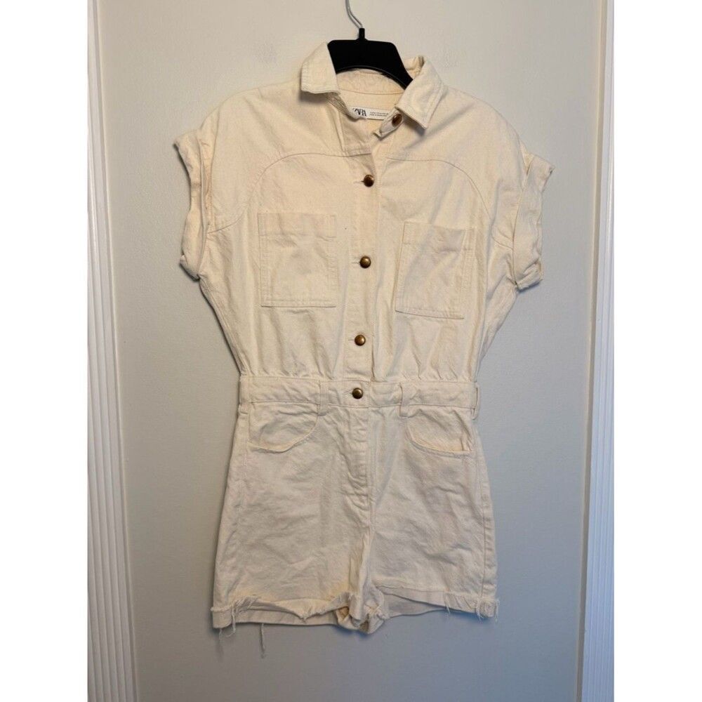Zara Off White Denim Shorts Utility Jumpsuit/Romper - Size Medium